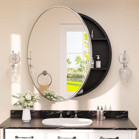 TETOTE Bathroom Mirror Cabinet 30 x 30 Brushed Nickel Round Bathroom Medicine Cabinet with Mirror Adjustable Shelves Farmhouse Wall Mirror with Storage Surface Mounted
