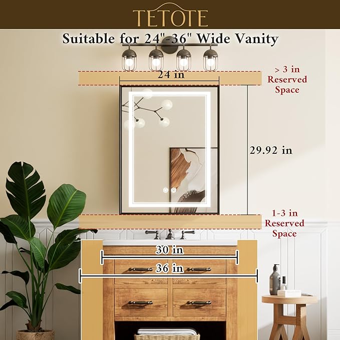 TETOTE 24 x 30 White Led Lighted Medicine Cabinet Mirror with 3-Color Lights, Wall Mount or Recessed Cabinet Mirror for Bathroom with Storage, Tempered Glass, 2 Outlets, Anti-Fog, Adjustable Shelf
