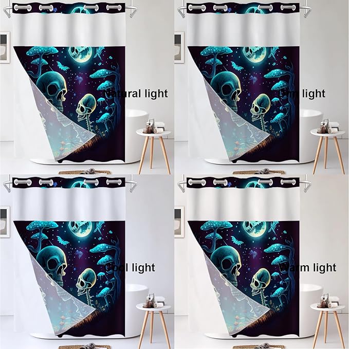 Shrahala Happy Halloween Funny No Hooks Shower Curtain with Snap in Liner Set, Skeletons Grass Mushrooms Starry Sky Bathroom Décor Polyester Fiber Waterproof for Stall Bathtubs 54 x 80 in
