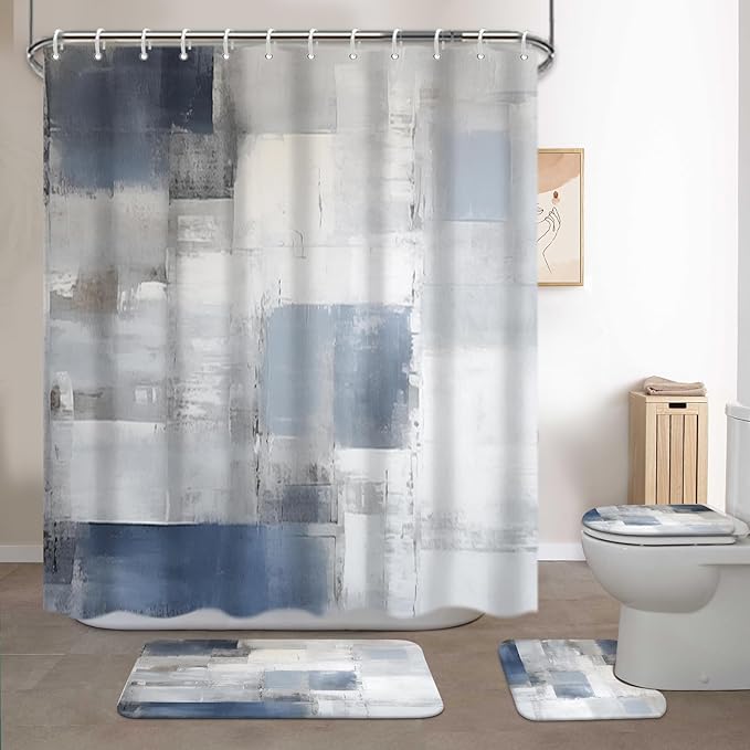 Lnond 4Pcs Bathroom Shower Curtain Sets with Rugs,Blue Grey Abstract Bathroom Sets with Shower Curtain and Rugs and Accessories