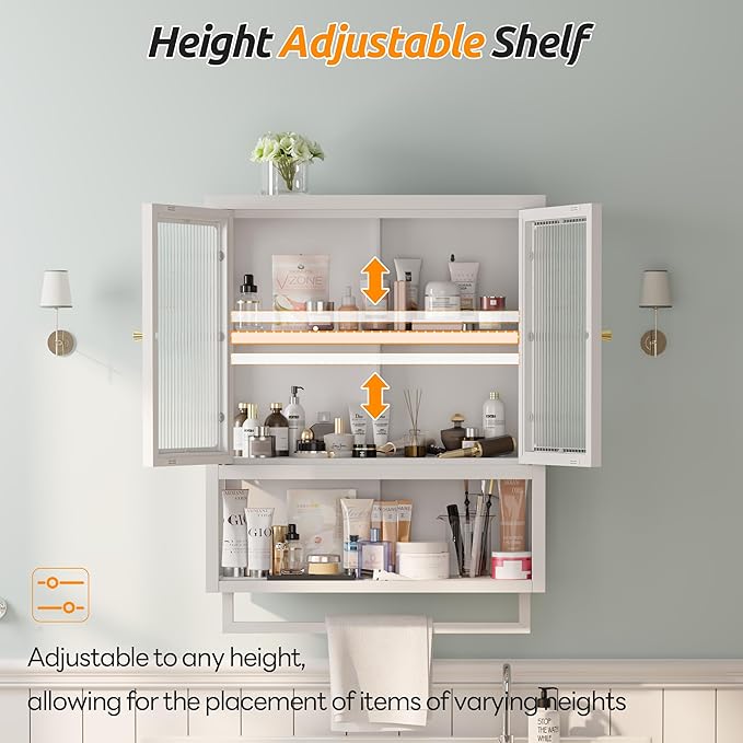 Bathroom Wall Cabinet with 2 Glass Door, Bathroom Medicine Cabinet with Towels Bar and Shelves, Over The Toilet Storage Cabinet, Metal Wall Mounted Cabinet for Kitchen (Upgraded White)