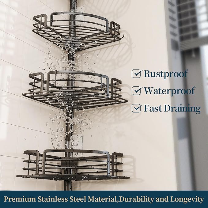 Consumest Corner Shower Caddy Tension Pole - Rustproof Shower Shelves with Towel Bar & Soap Holder, Adjustable Bath Organizer for Bathroom Storage, 27.6-108.3 inch, Black