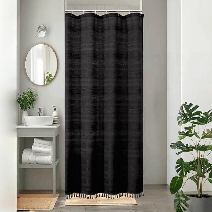 OVZME Black Boho Stall Shower Curtain, Narrow Soft Fabric Striped Linen Textured Bathroom Shower Curtain with Tassel, Modern Farmhouse Machine Washable Bath Decor, Black, 36Wx72L Inches