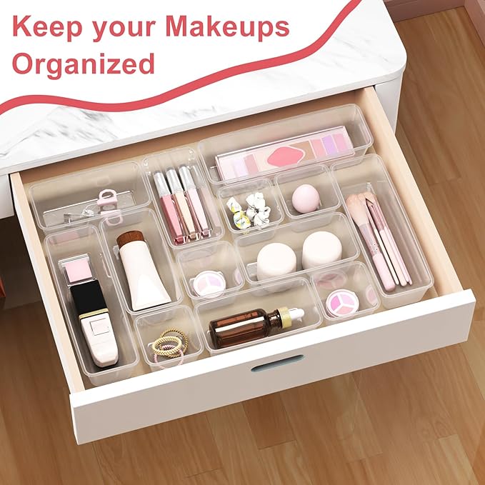 24 PCS Plastic Drawer Organizer Set, Sturdy 3-Size Makeup Vanity Desk Drawer Organizer Trays and Storage Bins for Cosmetics, Junk and Gadgets ?€? Ideal for Bathroom, Bedroom, Office and Kitchen