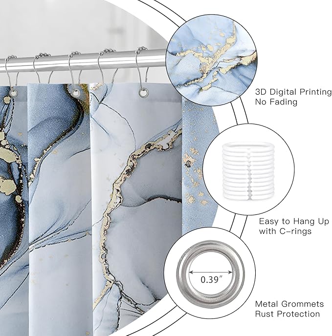 4PCS Light Blue Gold Marble Shower Curtain Sets with Rugs, Abstract Luxury Bathroom Sets with Shower Curtain and Rugs, Gold Bathroom Curtains Shower Set with Toilet Lid Cover