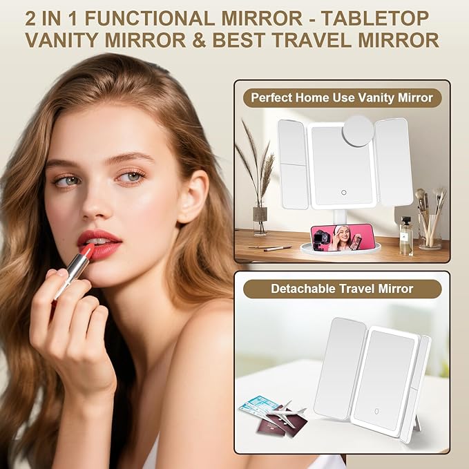 Mocado Makeup Mirror with Lights, 20X/7X/3X Magnifying Mirror with Light,Rechargeable & Height Adjustable Lighted Makeup Mirror,Vanity Mirror with 3 Colors Lights,Detachable Design for Travel(White)