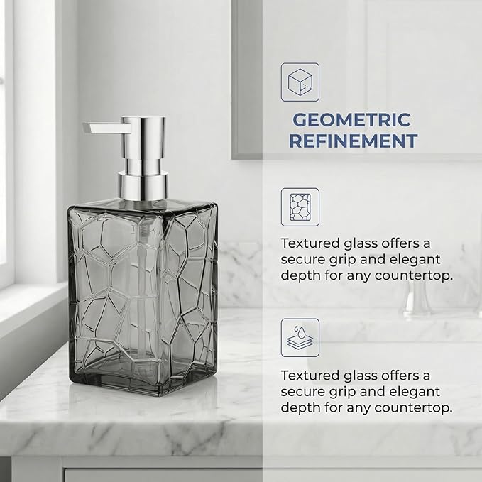 Gray Glass Soap Dispenser with Pump Geometric Texture Refillable Decorative Hand Soap Dispenser for Bathroom Kitchen Countertop