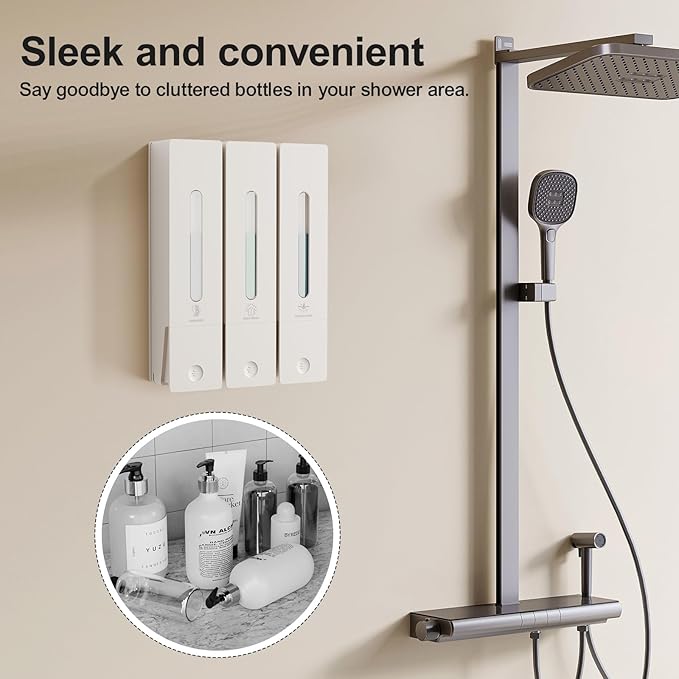 Shampoo and Conditioner Dispenser - Wall-Mounted 3-Chamber Shower Soap Dispenser