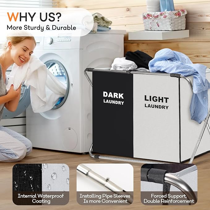 Laundry Cloth Hamper Sorter Basket Bin Foldable 2 Sections with stainless steel Frame Washing Storage Dirty Clothes Bag for Bathroom Bedroom Home Storage Basket (Black+white, 2 Sections)