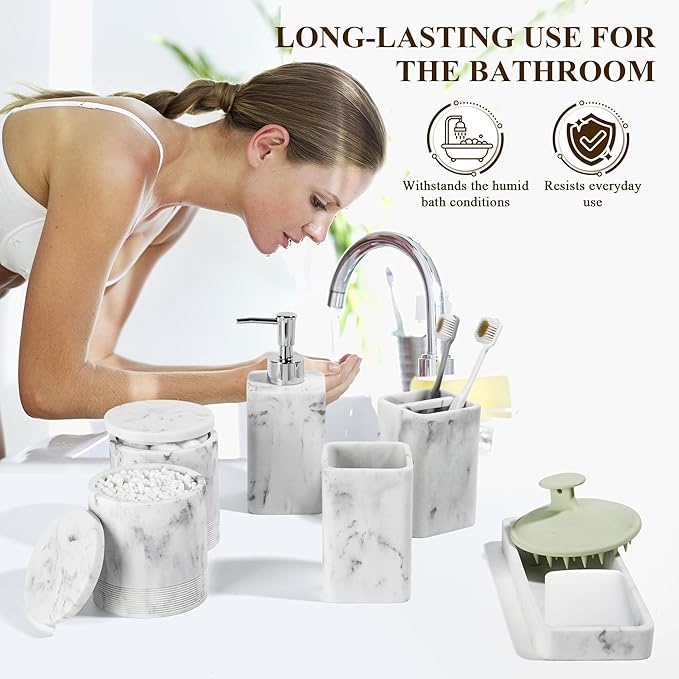 YMXYJM Bathroom Accessories Set, 6 Piece Bathroom Set with Toothbrush Holders, Soap Dispenser, Vanity Tray, Tumbler, Cotton Swab Jars, Bathroom Organizer，Bathroom Sink Sets, Artificial Marble White