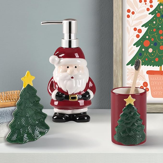 RQYIXI Merry Christmas Bathroom Accessories Set 4 Pieces Toothbrush Holder Soap Dispenser Ceramic Bathroom Accessory Set Contain Toothbrush Cup Soap Dish Tumbler