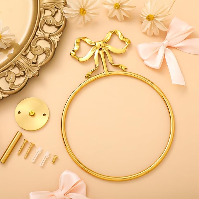 MorningRo Coquette Gold Bow Towel Holder Brass Gold Bow Hand Towel Ring Retro Bathroom Hardware Accessories Vintage Girly Wall Mount Hanger Ring for Room Bathroom Kitchen Decor