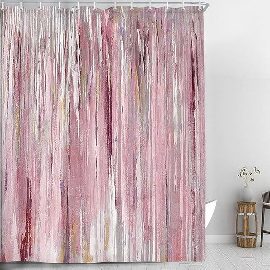 JAWO Abstract Shower Curtain, Modern Aesthetic Stripe Shower Curtain Set Inches with 12 Hooks for Bathtub Bathroom Gray Pink Brown Contemporary Abstract Painting Fabric