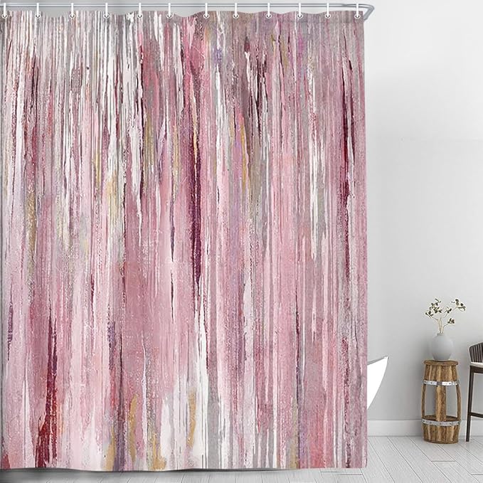 JAWO Abstract Shower Curtain, Modern Aesthetic Stripe Shower Curtain Set Inches with 12 Hooks for Bathtub Bathroom Gray Pink Brown Contemporary Abstract Painting Fabric