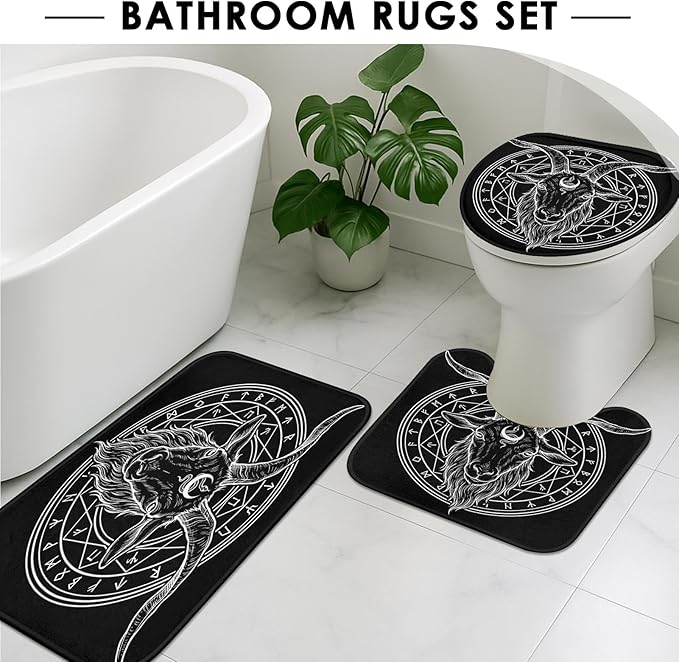 ArtSocket 4 Pcs Shower Curtain Set Goth Geometry Shapes Satan Retro Rock with Non-Slip Rugs Toilet Lid Cover and Bath Mat Bathroom Decor Set 72" x 72" Baphomet