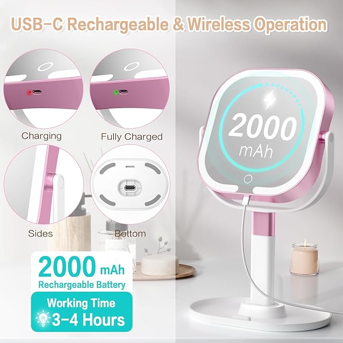 Makeup Mirror with Lights, 1X/10X Magnifying Vanity Mirror with 3 Colors, 2000mAh Rechargeable Double Sided Magnifying Mirror, Height Brightness Adjustable, 360° Rotation Vanity（Rose）