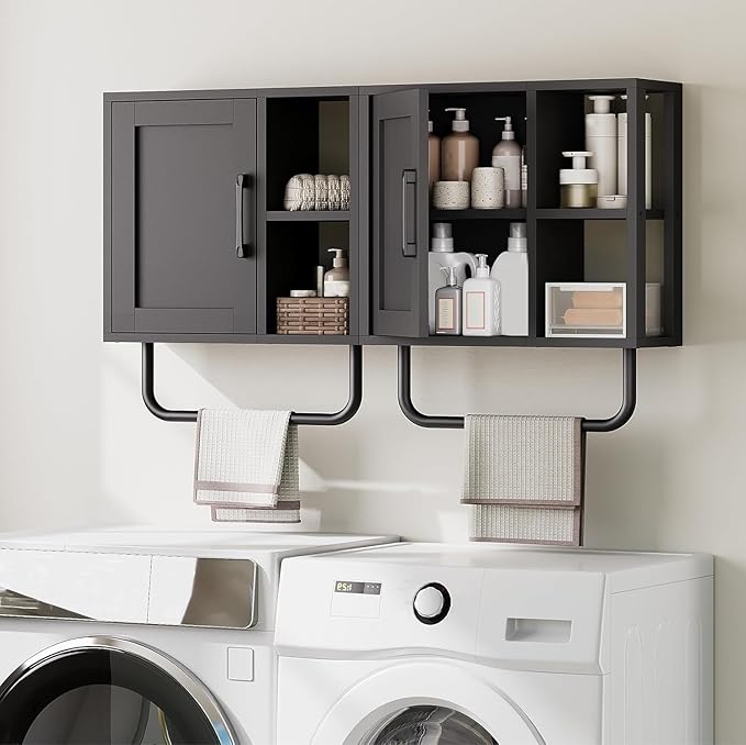 YATINEY Medicine Cabinet, Bathroom Wall Cabinet with Towel Bar, Adjustable Shelf and Open Partition, Over The Toilet Storage Cabinet, for Bathroom, Laundry Room, Living Room, Kitchen, Black