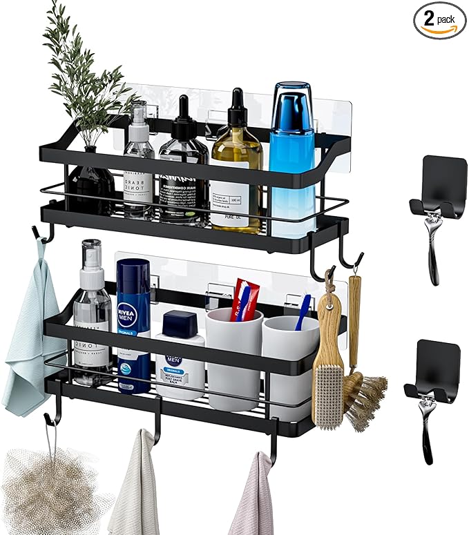 Carwiner Shower Caddy Bathroom Shelf 2-Pack, Basket with 8 Hooks for Hanging Shampoo Conditioner, Stainless Steel Rack Wall Mounted Storage Organizer for Kitchen, No Drilling