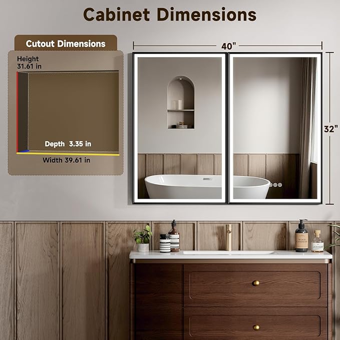 40X32 Inches Framed Medicine Cabinet with Lights, Bathroom Medicine Cabinet with 3-Color/Dimmable, Anti-Fog, Plug-in & Hardwired, Surface Mount & Recessed