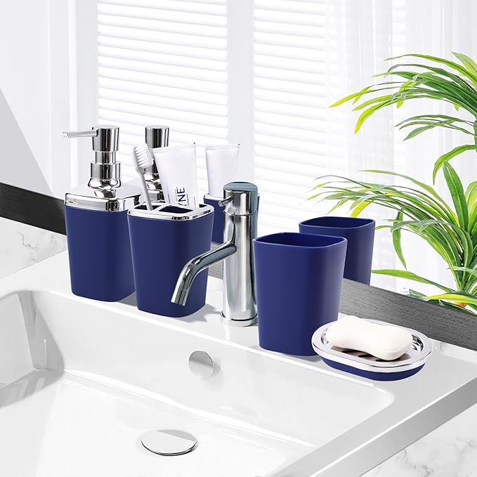 XLHOMO Blue Bathroom Accessories Set, Bathroom Sets with Shower Curtain, Navy Blue Bathroom Accessories with Trash Can, Soap Dispenser, Soap Dish, Toilet Brush Holder, Qtip Holders for Bathroom