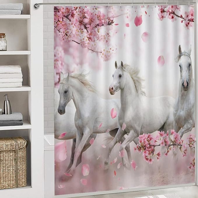 Beautiful White Horse 4 Pcs Waterproof Shower Curtain Set,Realistic Modern Farm Animal Horse Cherry Blossoms with Waterproof Toilet Cover Shower Mat Rugs