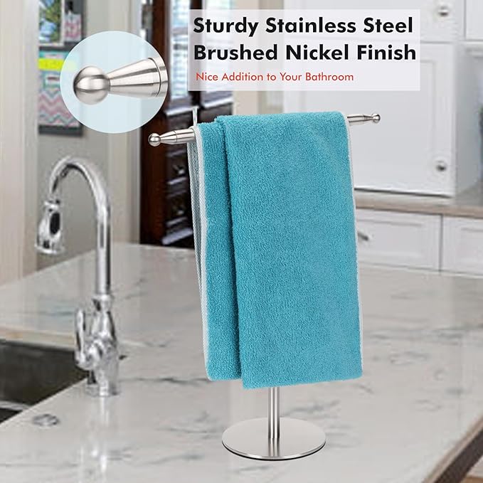 Hand Towel Holder Stand for Bathroom Vanity Countertop Stainless Steel T-Shape Free Standing Towel Rack Stand Towel Bar for Bathroom Kitchen (Brushed Nickel)