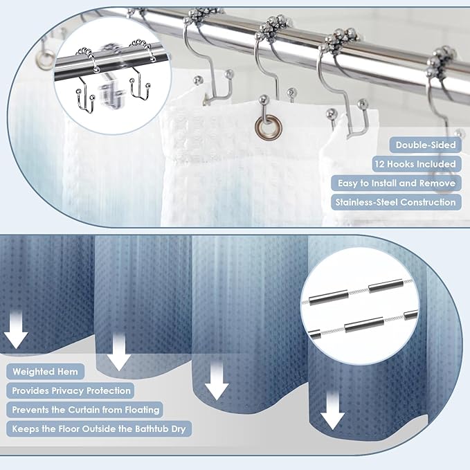 Britimes Blue Stripes Bathroom Sets with Shower Curtain and Rugs, Ombre Modern Abstract Waterproof Shower Curtain Liner and Soft Non Slip Bath Mat for Bathroom Decor and Accessories Hooks