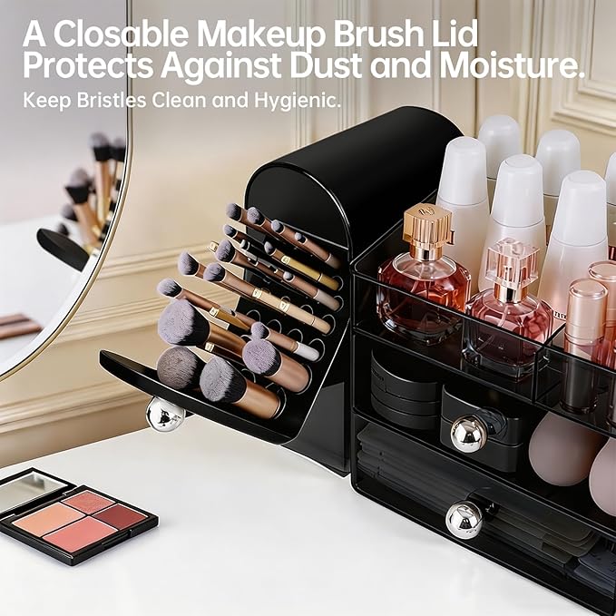 Makeup Organizer with Brush Holder, Large Cosmetic Storage, Skincare Organizer for Bathroom Countertop, Vanity Organizer for Lipstick, Perfume, Nail Polish, Mothers Day Gifts for Women(Black)