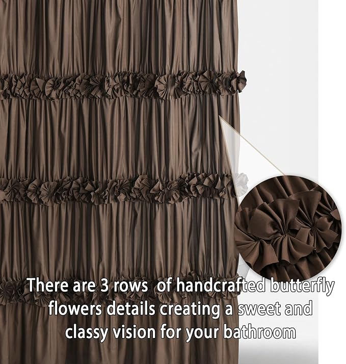 Chocolate Ruffle Shower Curtain, Vintage Handcrafted Bow Tie Bath Curtain for Master Bathroom, Ruched Microfiber Bathroom Curtain with 12 Buttonholes, 72" W x 72" H (LQ-10)