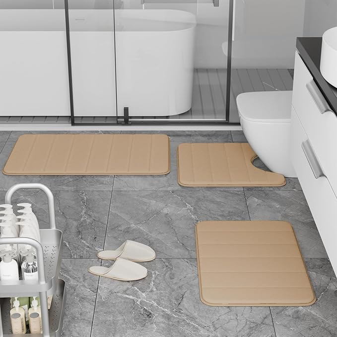 RUN HELIX Memory Foam Bath Mat Set 3 Piece, Soft and Comfortable, Super Water Absorption, Non-Slip, Thick, Machine Wash, Easier to Dry for Bathroom Floor Rug, Beige Toilet Rug Bathroom Set