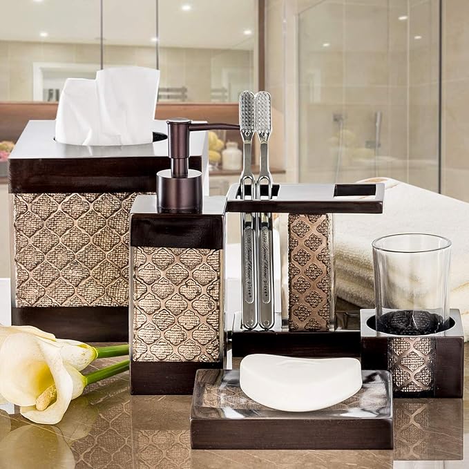 Creative Scents Dahlia 4-Piece Brown Bathroom Accessories Set Complete - Luxury Resin Bath Decor Includes Soap Dispenser, Toothbrush Holder, Tumbler & Soap Dish - Modern Brown Textured Design