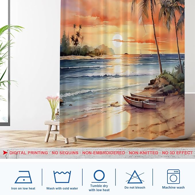 Shrahala Summer Sunset Beach Decorative Shower Curtain, Tropical Seaside Scene Bathroom Décor Polyester Fiber Waterproof with Plastic Rings for Shower Stall Bathtubs 72 X 60 in