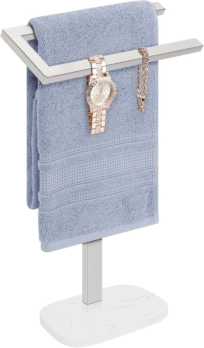 Livabber Standing Hand Towel Holder, 304 Stainless Steel Hand Towel Rack Stand with Heavy Marble Base, Bath Accessories, Towel Ring for Bathroom Kitchen Countertop, 14 Inch (Chrome)