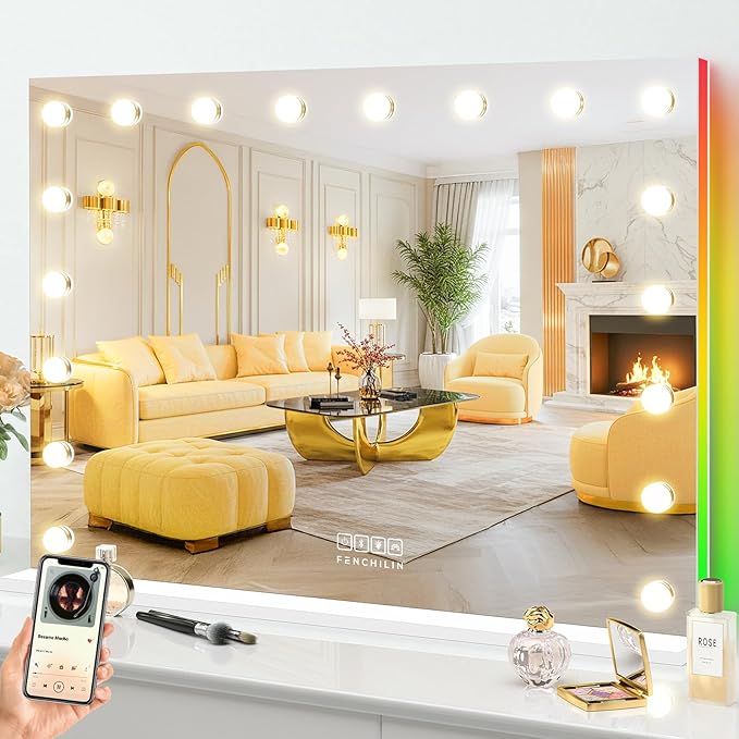 FENCHILIN 32 x 23 Inch RGB LED Vanity Mirror with Light and RGB Backlit Hollywood Lighted Makeup Mirror, Smart Touch Control Light Mirror with Memory Function