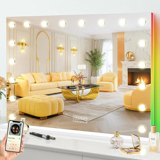 FENCHILIN 32 x 23 Inch RGB LED Vanity Mirror with Light and RGB Backlit Hollywood Lighted Makeup Mirror, Smart Touch Control Light Mirror with Memory Function