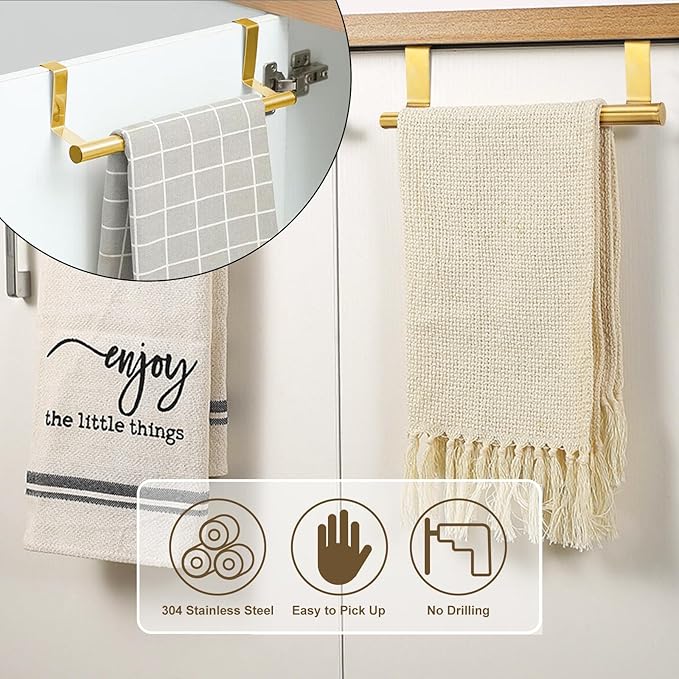 RETON 3 PCS Over Door Towel Rack, 9 Inch Stainless Steel Cabinet Towel Hanger Towel Bar Holders, Kitchen Towel Holder with Anti-Slip Pads, No Drilling (Gold)