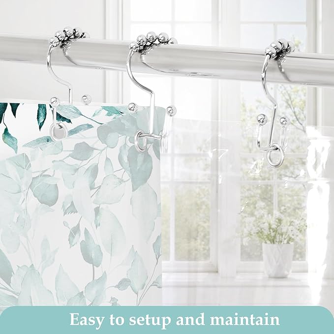 Gibelle 3 in 1 Shower Curtain Set, Teal 72x72 Eucalyptus Bath Curtain and PEVA Liner Set with 12 Metal Hooks, Waterproof Fabric Bathroom Curtain