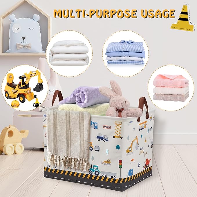Construction Nursery Decor Hamper Car Baby Gift Basket Transport Trucks Excavators Toy Box Bin Empty Larger Rectangular Kid Clothes Book Shelf Toy Organizer Bin for Baby Boys