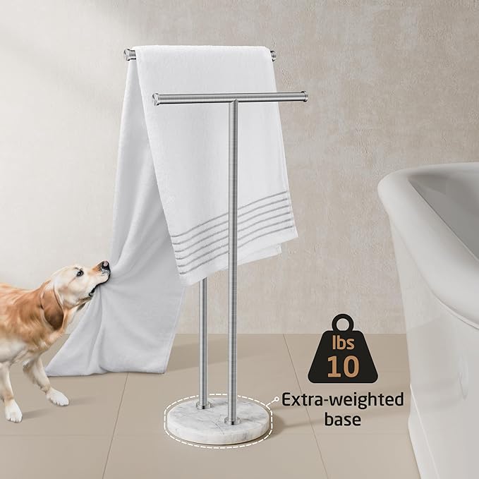 KES Standing Towel Rack for Bathroom Floor with 10.5 Lbs Natural Marble Base, 2-Tier Free Standing Towel Rack Double T-Shape, 18/8 Stainless Steel, Brushed Finish, BTH237A-2