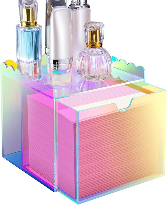 NiHome Iridescent Disposable Facial Towels Storage Box Fit for Clean Skin Club Towel XL, Acrylic Facial Clean Towels XL Holder Container Drawer Makeup Organizer for Bathroom, Vanity Makeup