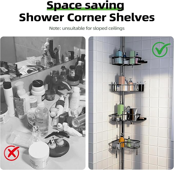 Corner Shower Caddy Tension Pole, 4 Tier Rust-Resistant Adjustable Bathroom Organizer Shelves, Bathtub Storage Rack with Soap Holder, No-Drill Install, Floor to Ceiling Rod 47-121 Inch, Black
