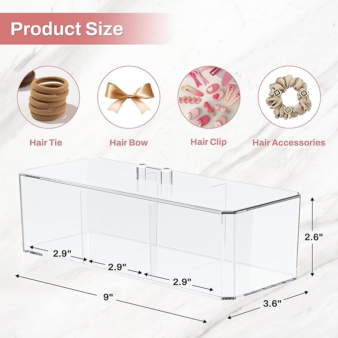 Hair Accessories Organizer for Girls, Clear Hair Bow Tie Clip Scrunchie Holder Organizer with Removable Divider, Cute Small Stackable Storage Drawer Container Caddy Box, Kids Women Vanity Accessories