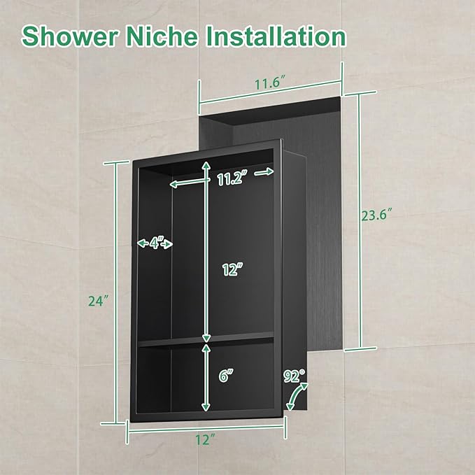 SaniteModar Shower Niche, Stainless Steel Shower Niche No Tile Needed, Recessed for Bathroom Storage (Black, 18" x 12" Double)