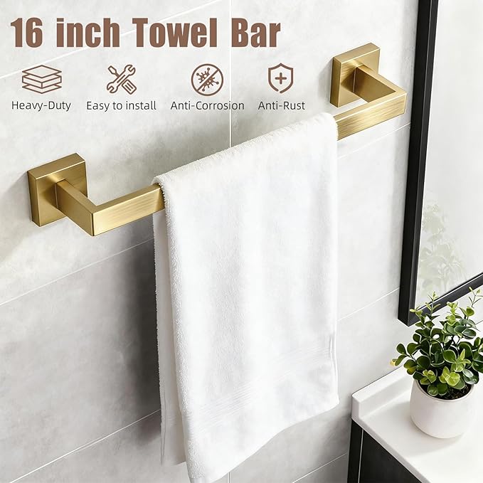 Brushed Gold Bathroom Accessories 6-Piece, Stainless Steel Luxury Bathroom Hardware Set, 16" Towel Bar, Toilet Paper Holder with Shelf, 2 Towel Rings & 2 Hooks, Wall Mounted for Bathroom Remodel