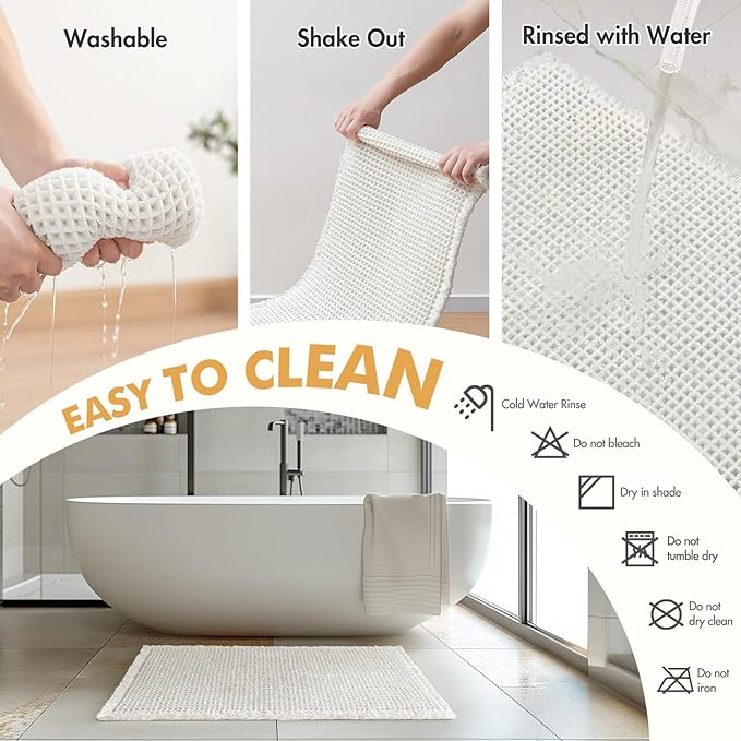 MIULEE Set of 2 Waffle Bathroom Rugs, Boho Bath Rugs Non Slip Washable, Super Absorbent Bath Mats, Ultra Soft Rubber Backed Shower Mats for Bathroom Floor, Tub and Shower, White, 24x36 Inch