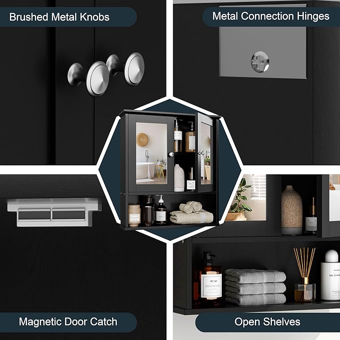 DL-win Medicine Cabinets with Mirror, Wall Mounted Bathroom Cabinet with Adjustable Shelves, Black Storage Organizer for Toiletries, Towels & Daily Essentials