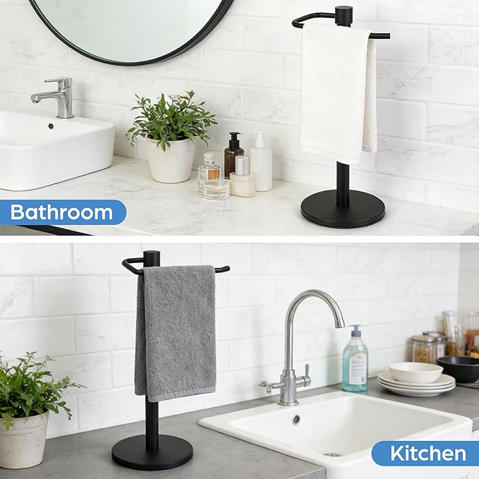 Kawlity Extra Large Free-Standing Hand Towel Holder Stand Towel Rack for Bathroom Kitchen Stable Stainless Steel Waterproof with Matte Black Finish Vanity Countertop Organizer, Black