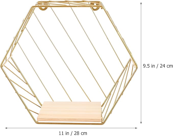 Luxshiny Wall Shelf with Hooks Gold Hexagonal Iron Rack Multi-Functional Decorative Storage Shelf for Bathroom Kitchen Living Room Wall Mounted Organizer