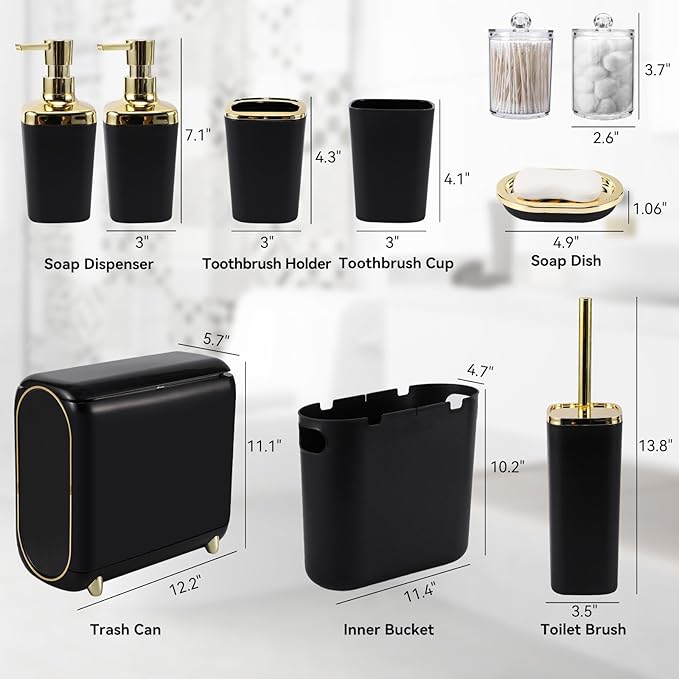 XLHOMO Bathroom Accessories Set, 10 Pieces Black and Gold Bathroom Set, Bathroom Accessory Set with Slim Trash Can,Soap Dispenser,Toilet Brush,Toothbrush Set, Qtip Holders for Housewarming
