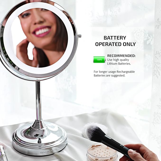 OVENTE 7'' Lighted Makeup Mirror with 1X/7X Magnification, Cordless Tabletop Mount Vanity Mirror with 360° Swivel Design & Double Sided Glow Cosmetic White LED Ring Light, Polished Chrome MCT70CH1X7X